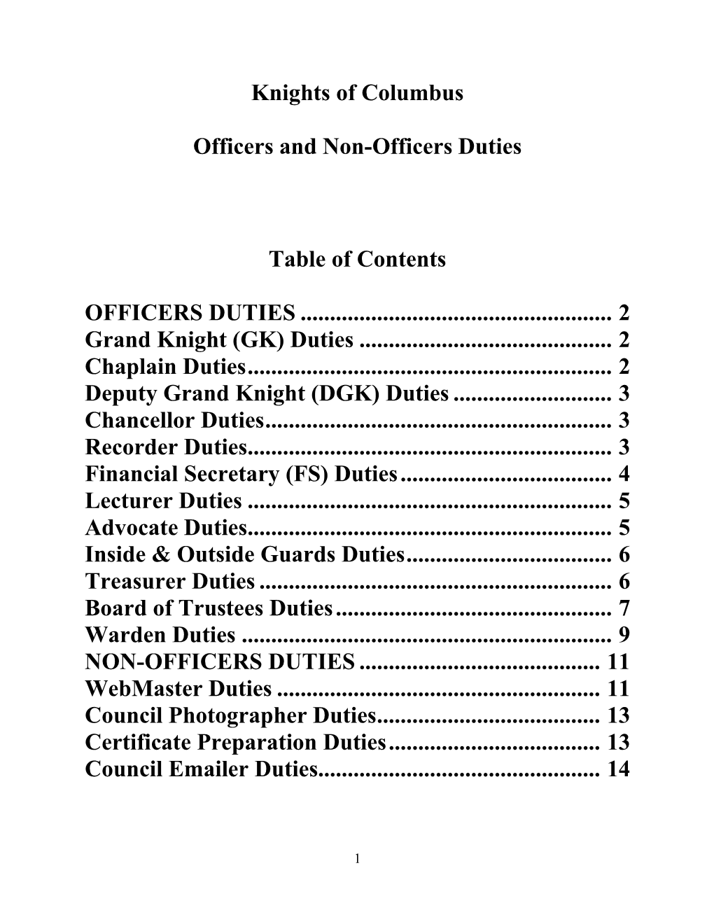 Knights of Columbus Officers and Non-Officers Duties Table