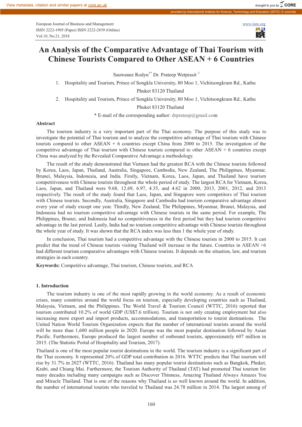 An Analysis of the Comparative Advantage of Thai Tourism with Chinese Tourists Compared to Other ASEAN + 6 Countries