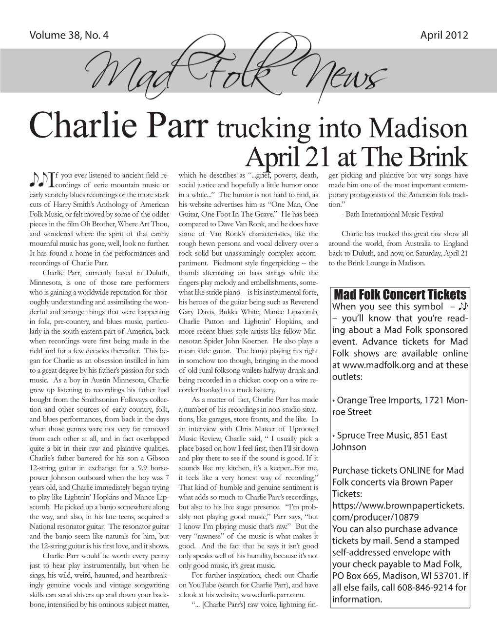 Charlie Parr Trucking Into Madison April 21 at the Brink