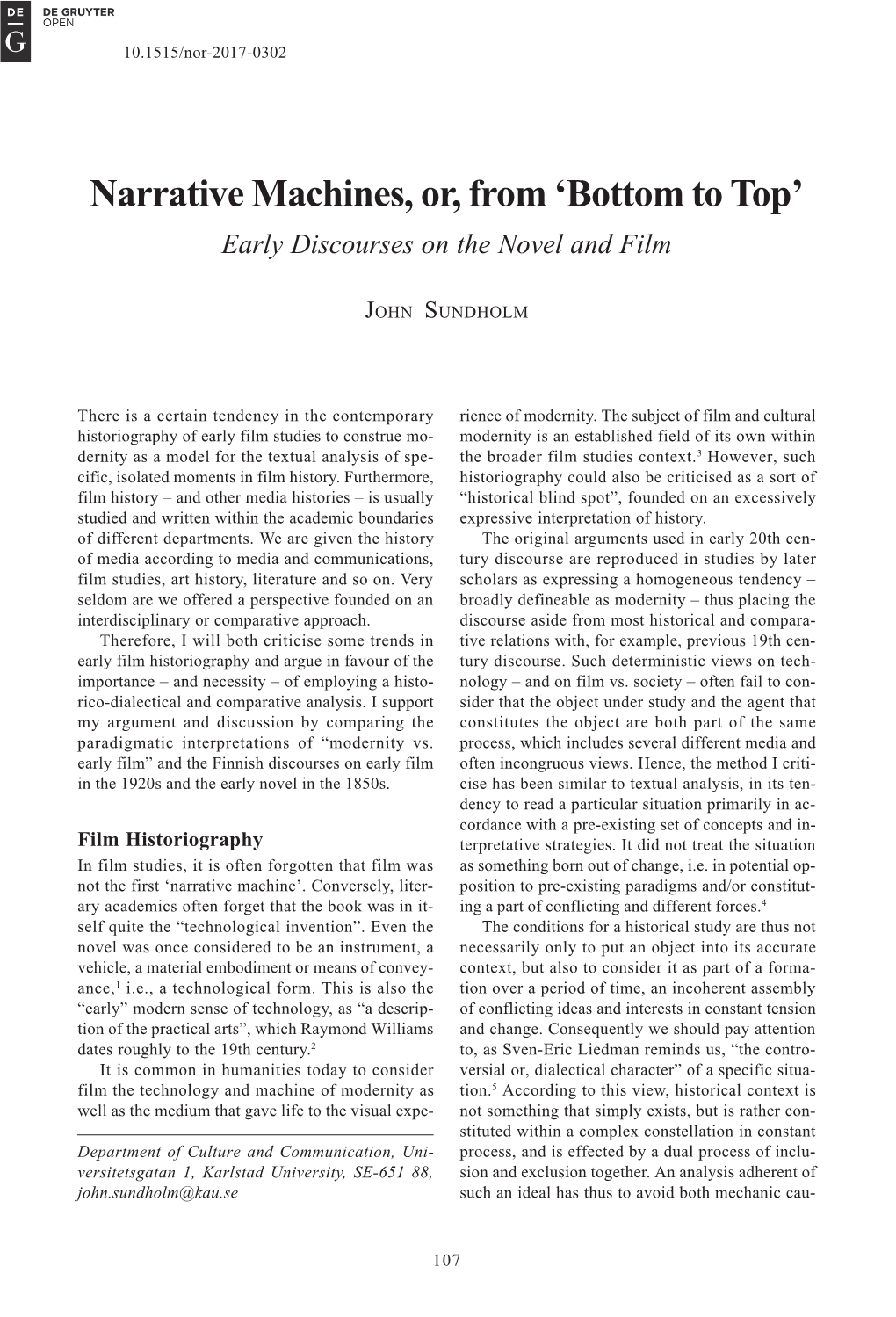 Narrative Machines, Or, from ‘Bottom to Top’ Early Discourses on the Novel and Film