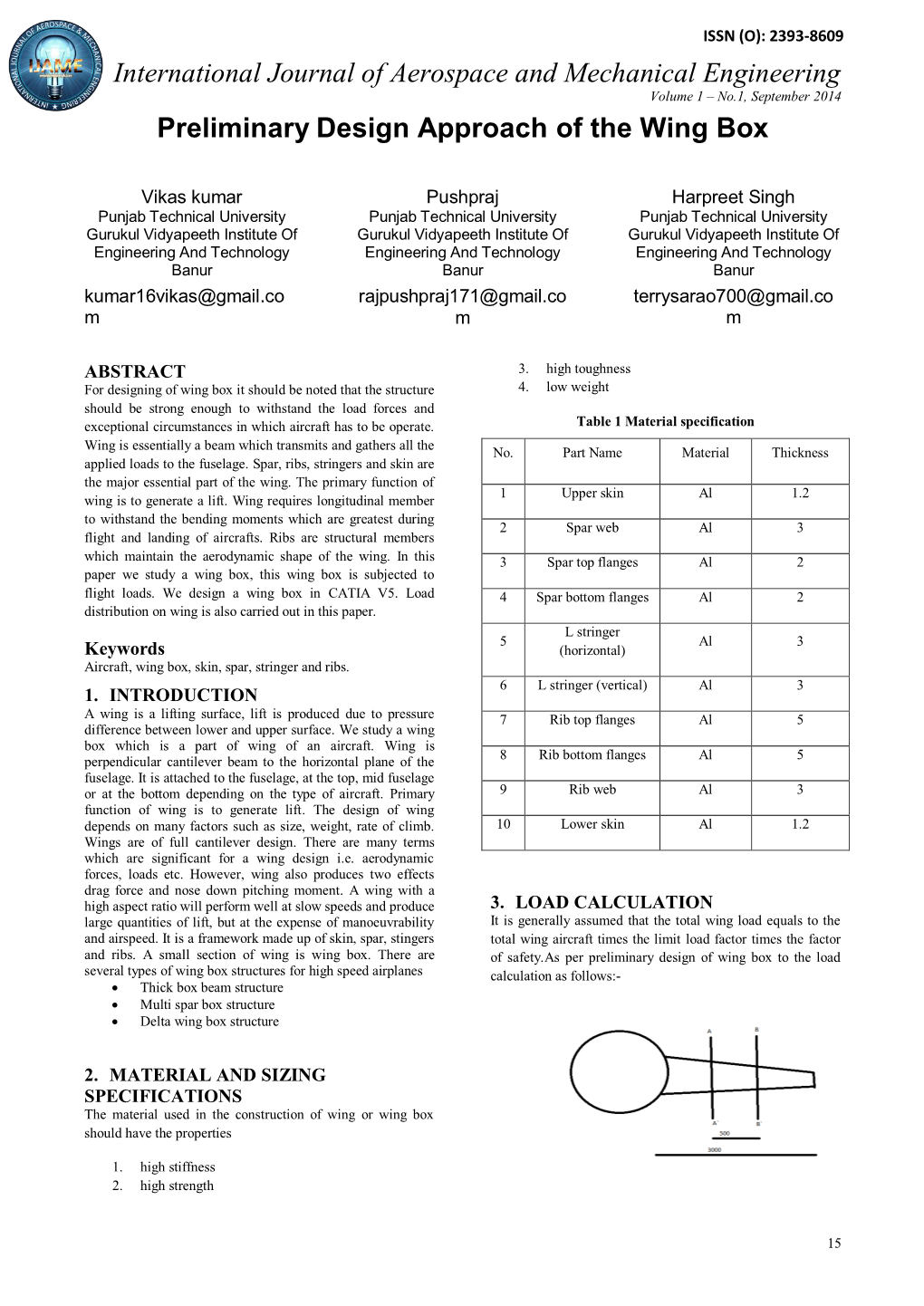 International Journal of Aerospace and Mechanical Engineering Volume 1 – No.1, September 2014 Preliminary Design Approach of the Wing Box