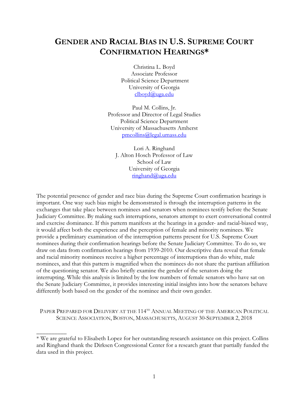 Gender and Racial Bias in Us Supreme Court Confirmation Hearings