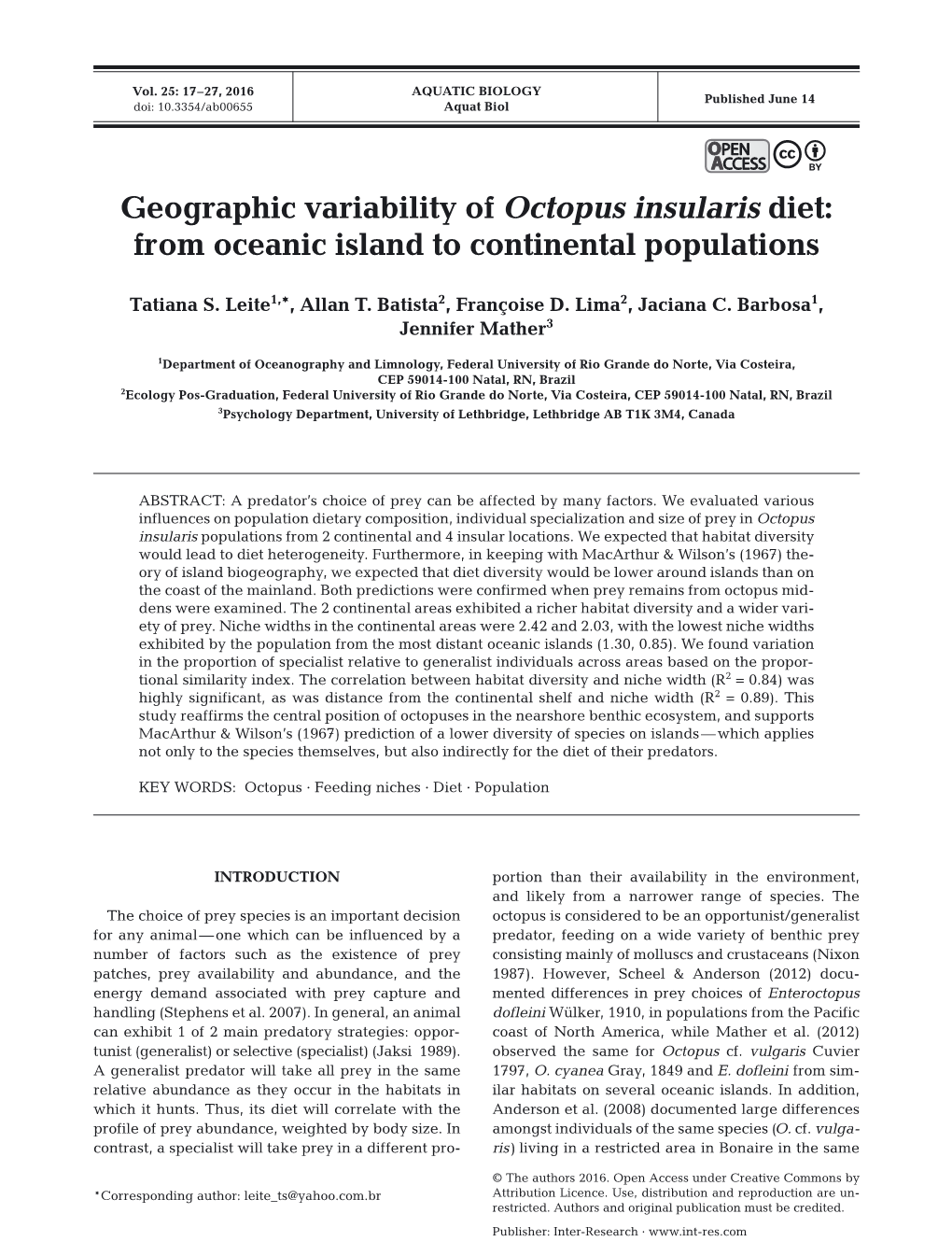 Geographic Variability of Octopus Insularis Diet: from Oceanic Island to Continental Populations