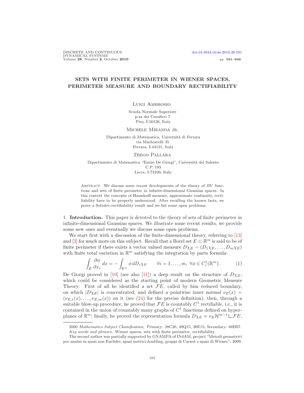 Sets with Finite Perimeter in Wiener Spaces, Perimeter Measure and Boundary Rectifiability