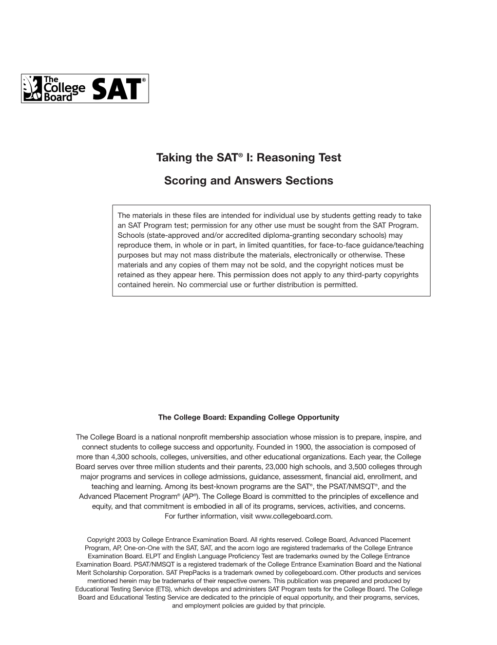 Taking the SAT® I: Reasoning Test Scoring and Answers Sections