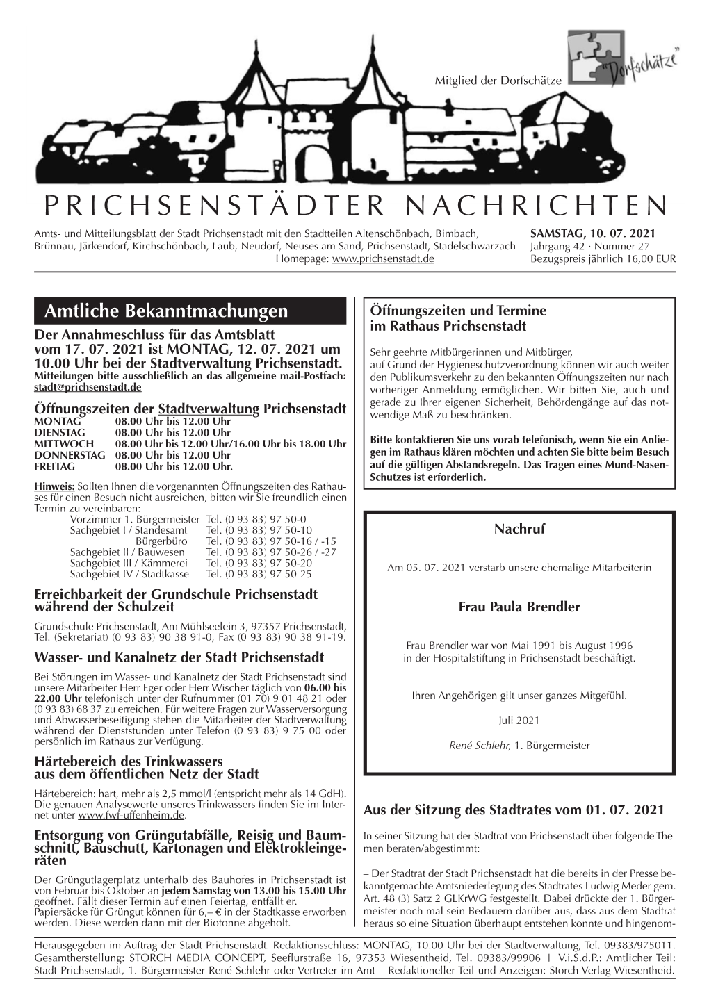 PRICHSENSTÄDTER NACHRICHTEN Amts- Und Mitteilungsblatt Der Stadt Prichsenstadt Mit Den Stadtteilen Altenschönbach, Bimbach, SAMSTAG, 10