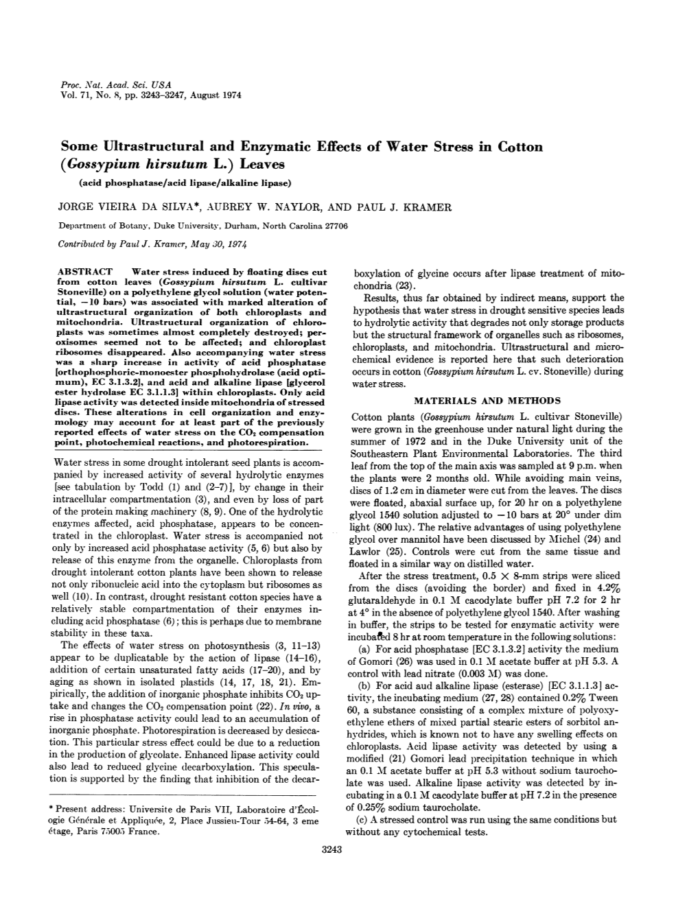 Some Ultrastructural and Enzymatic Effects of Water Stress in Cotton (Gossypium Hirsutum L.) Leaves (Acid Phosphatase/Acid Lipase/Alkaline Lipase)