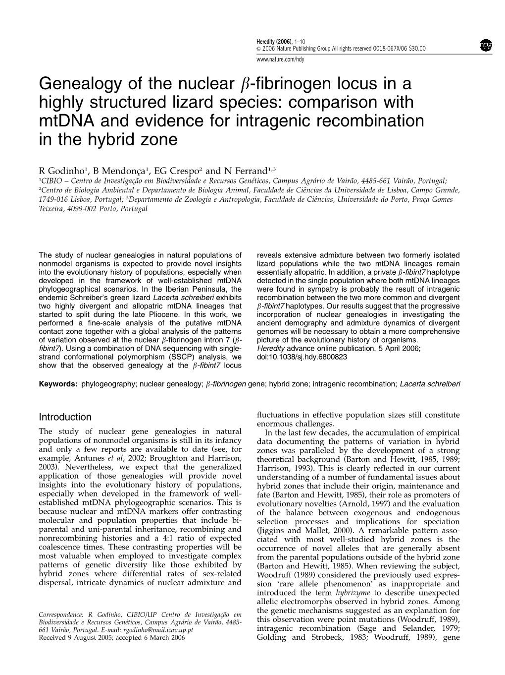 Comparison with Mtdna and Evidence for Intragenic Recombination in the Hybrid Zone