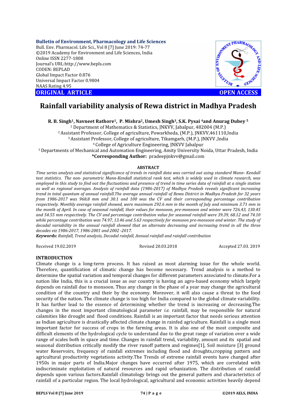 Rainfall Variability Analysis of Rewa District in Madhya Pradesh