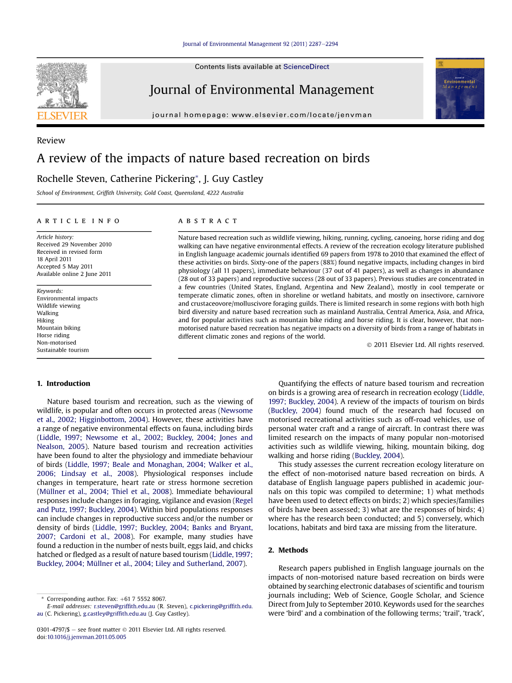 A Review of the Impacts of Nature Based Recreation on Birds