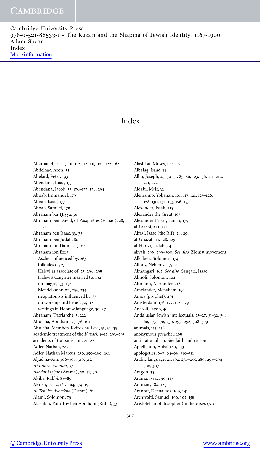 The Kuzari and the Shaping of Jewish Identity, 1167-1900 Adam Shear Index More Information