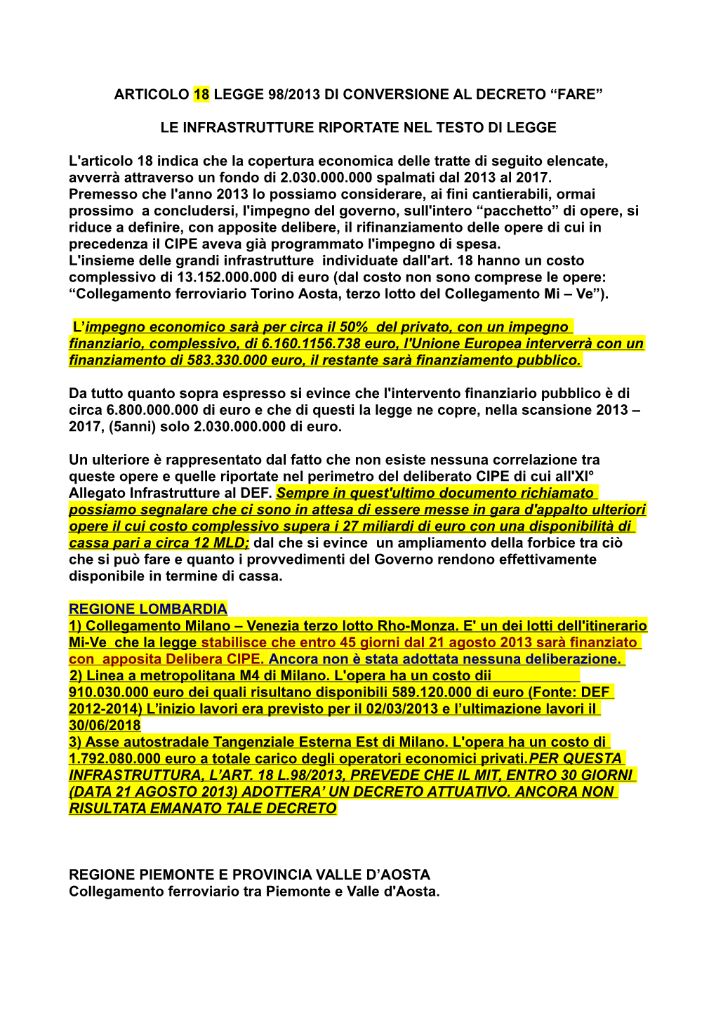 Le Infrastrutture Riportate Nell'art. 18 Della Legge 98/2013 Di