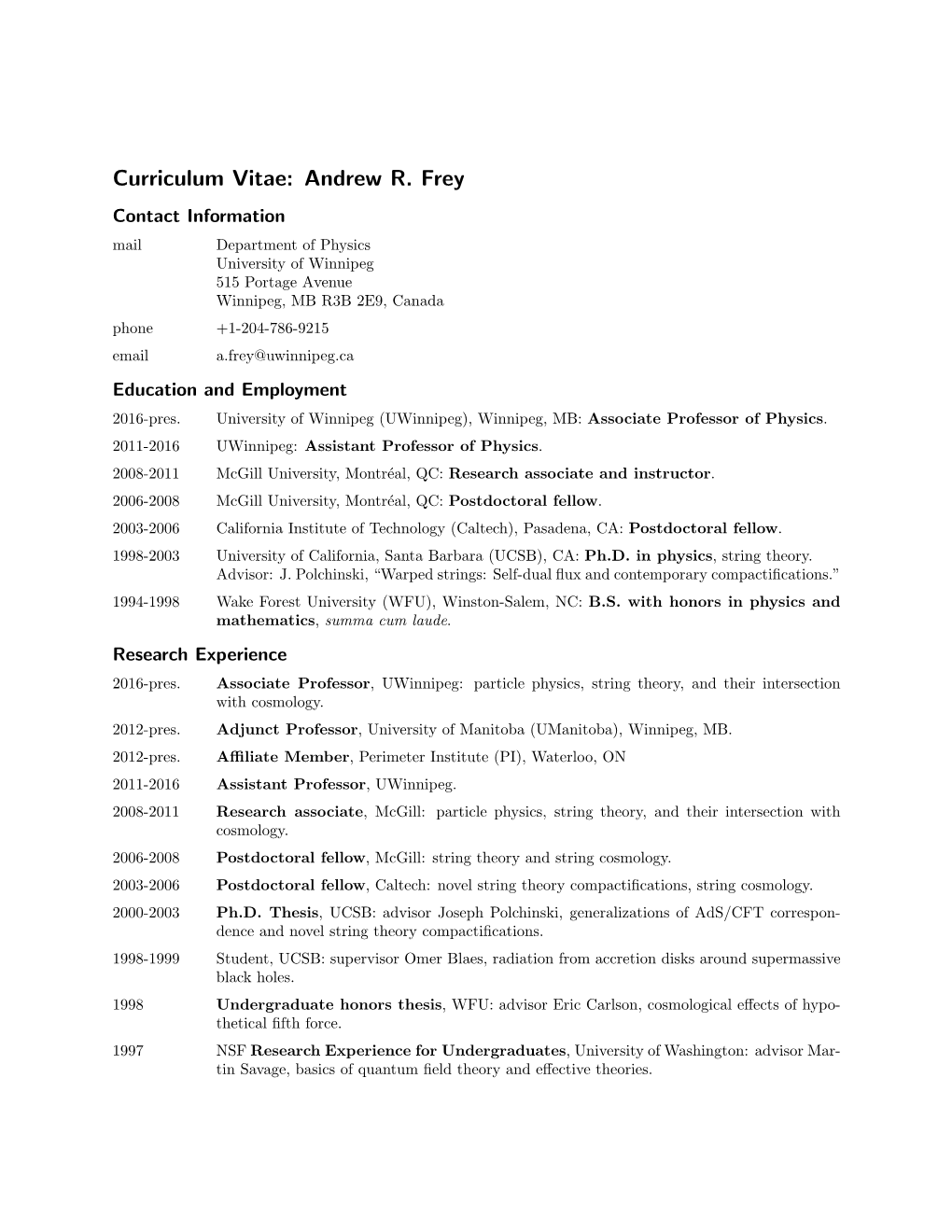 Curriculum Vitae: Andrew R. Frey