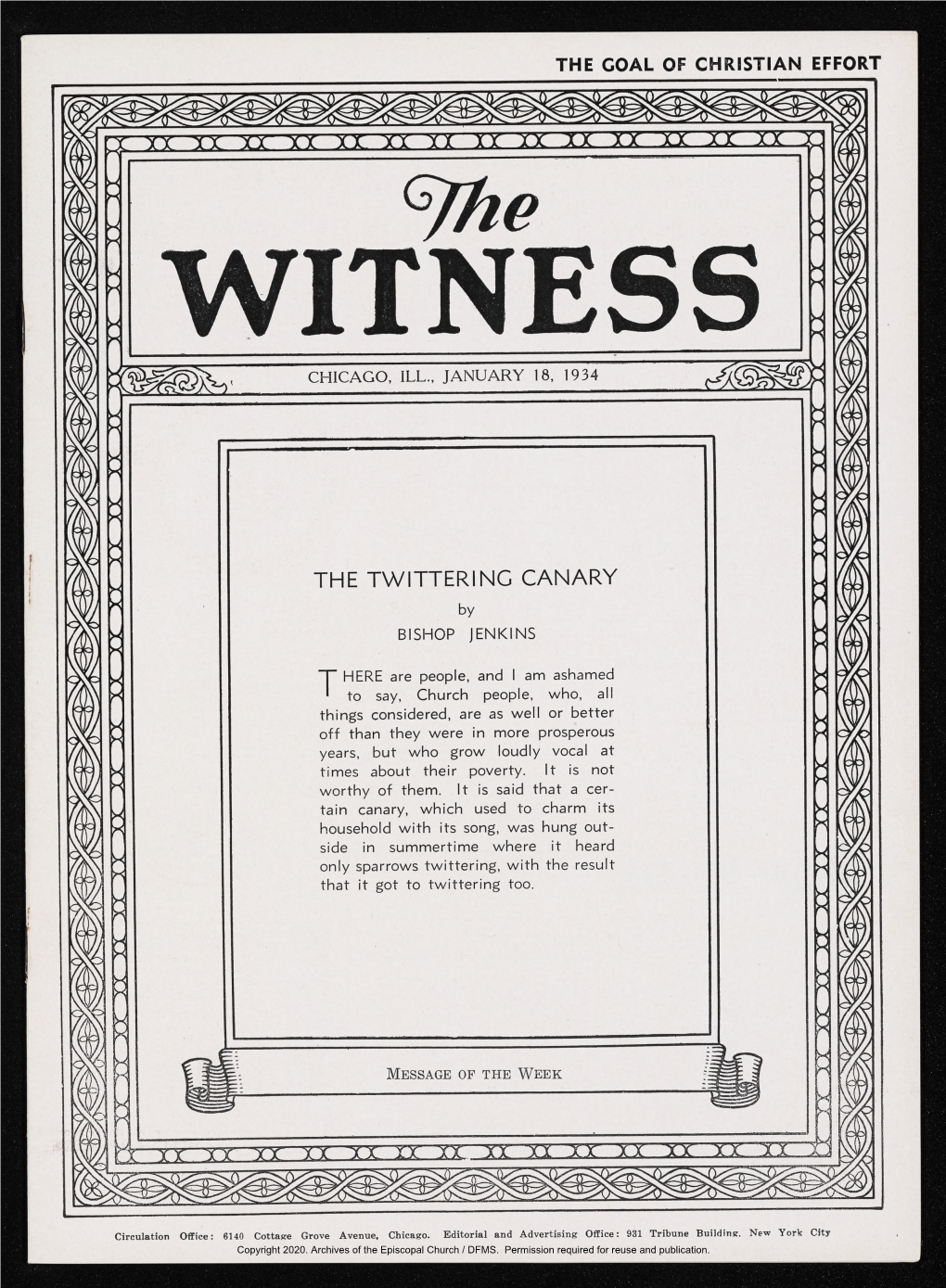 1934 the Witness, Vol. 18, No. 20. January 18, 1934