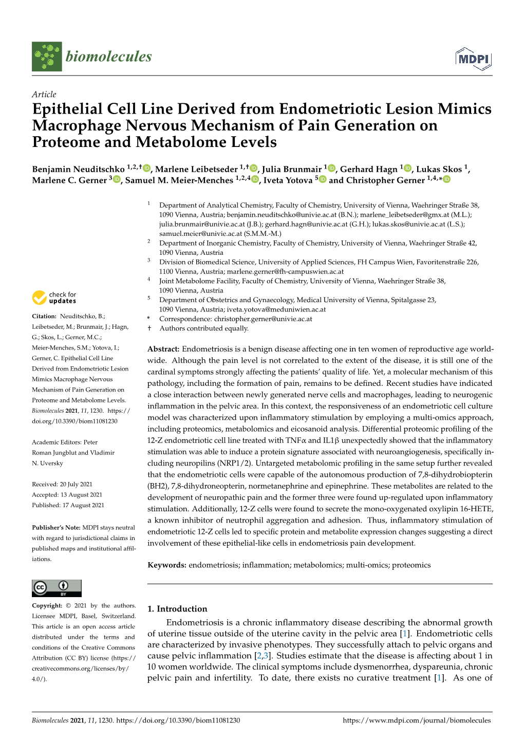 Epithelial Cell Line Derived from Endometriotic Lesion Mimics Macrophage Nervous Mechanism of Pain Generation on Proteome and Metabolome Levels