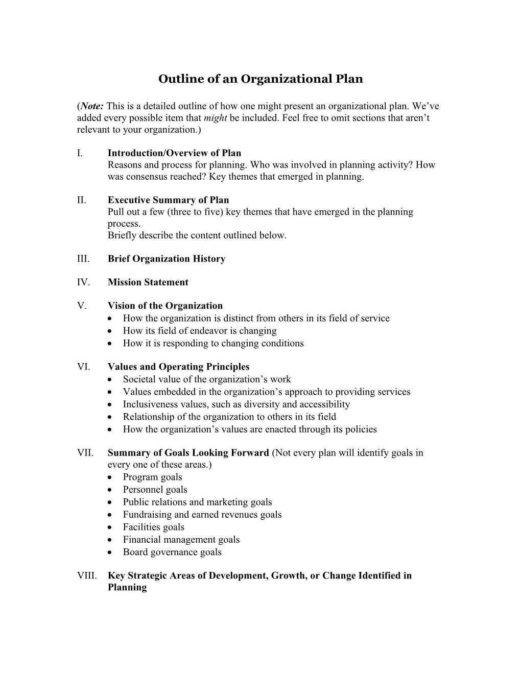 Outline of an Organizational Plan