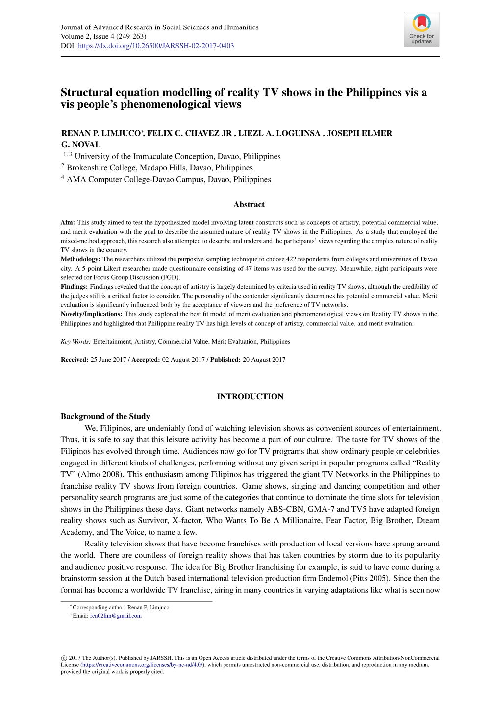 Structural Equation Modelling of Reality TV Shows in the Philippines Vis a Vis People’S Phenomenological Views