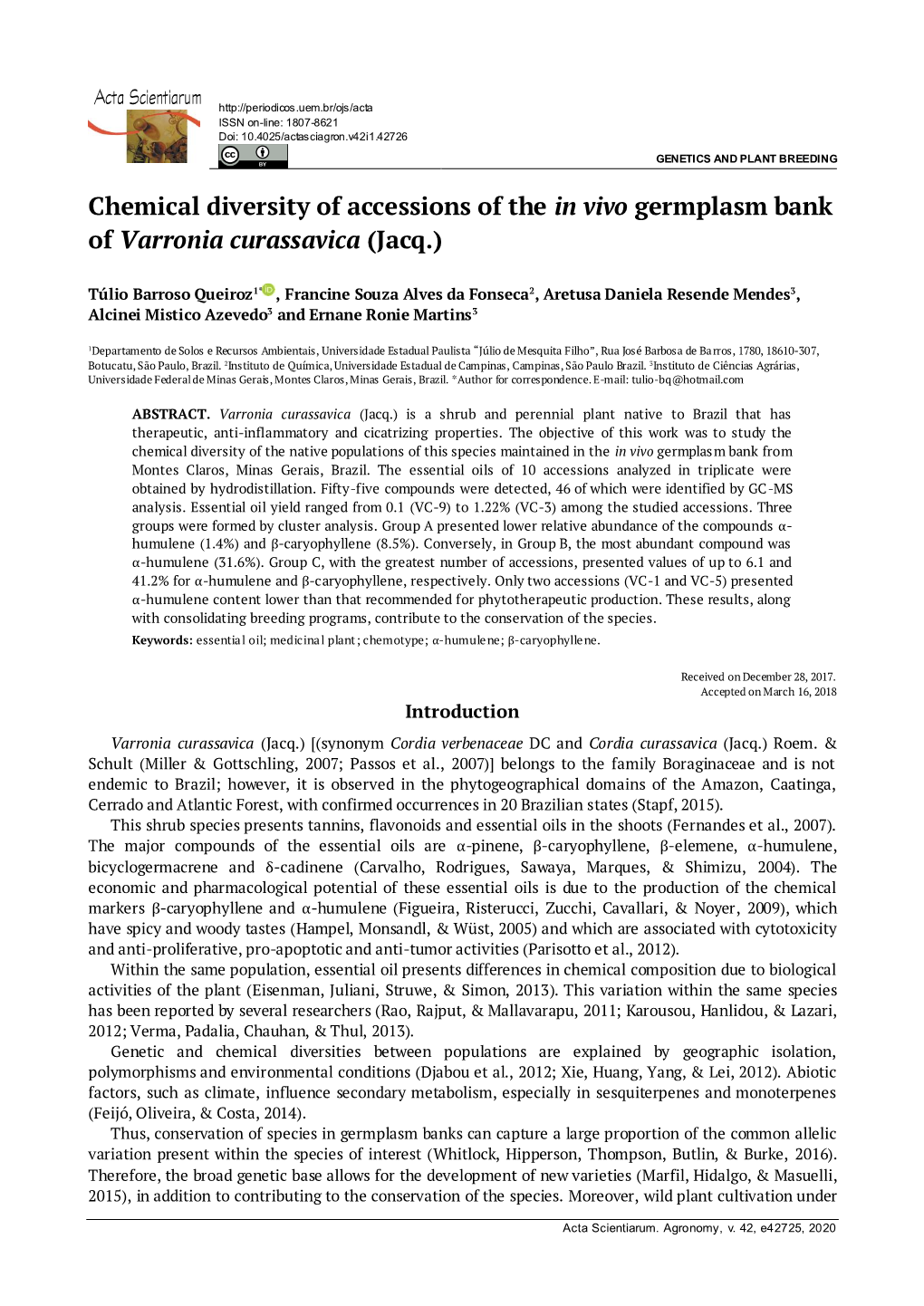 Chemical Diversity of Accessions of the in Vivo Germplasm Bank of Varronia Curassavica (Jacq.)