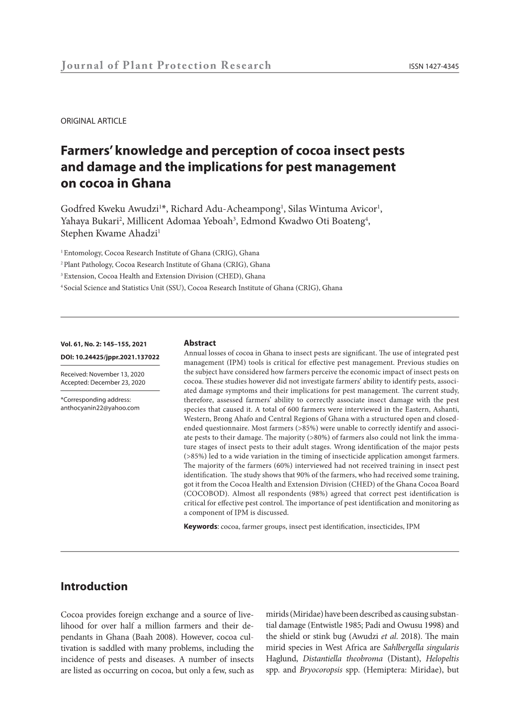 Farmers' Knowledge and Perception of Cocoa Insect Pests and Damage