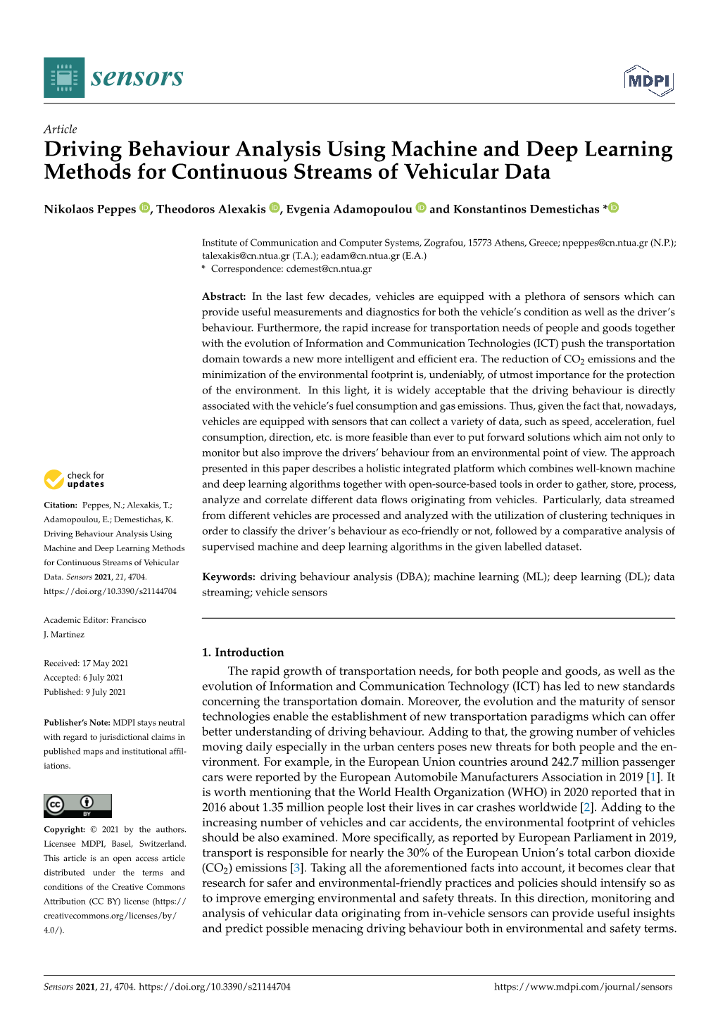 Driving Behaviour Analysis Using Machine and Deep Learning Methods for Continuous Streams of Vehicular Data