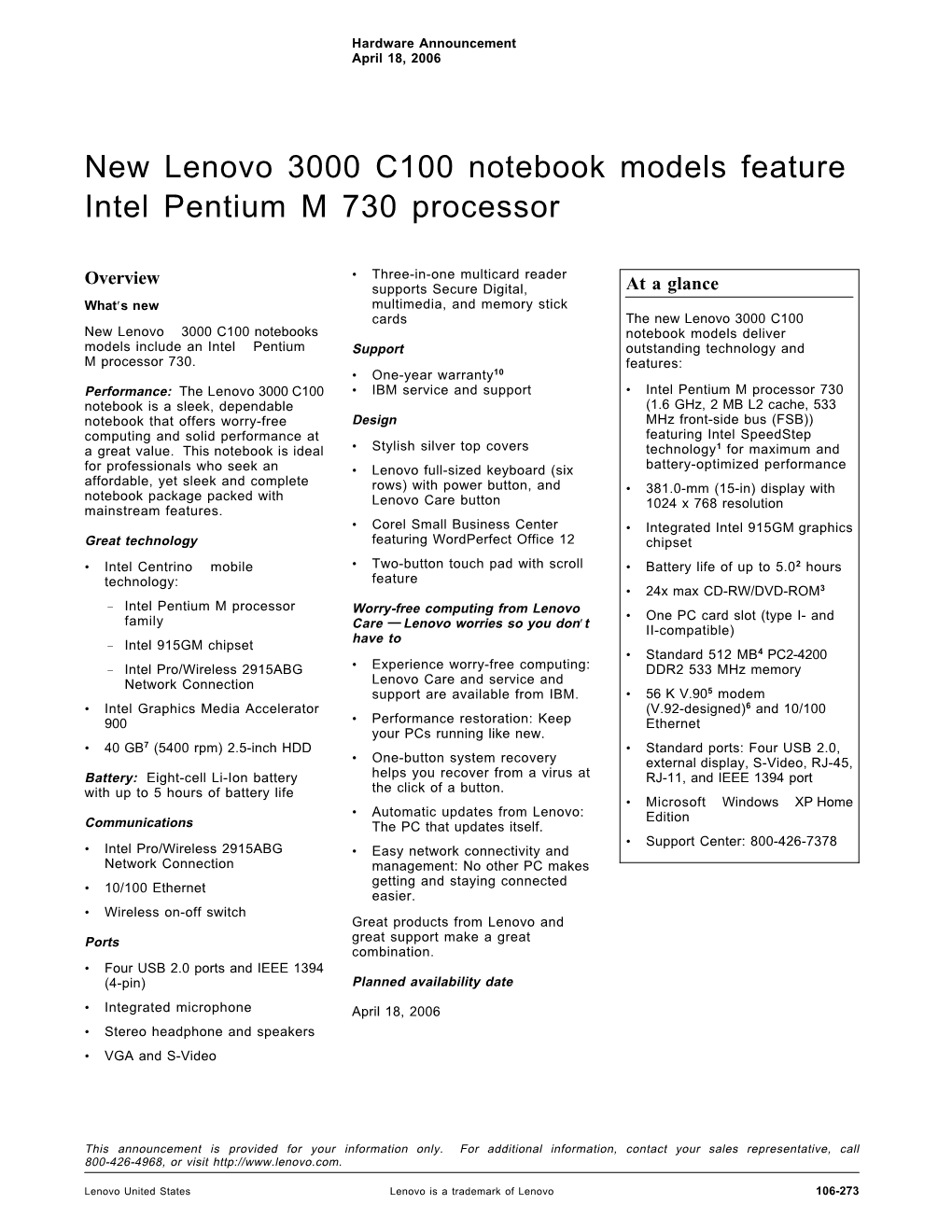 New Lenovo 3000 C100 Notebook Models Feature Intel Pentium M 730 Processor