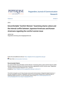 "Comfort Women:" Examining Shame Culture and the Internal Conflict Between Japanese-Americans and Ork Ean- Americans Regarding the Comfort Women Issue