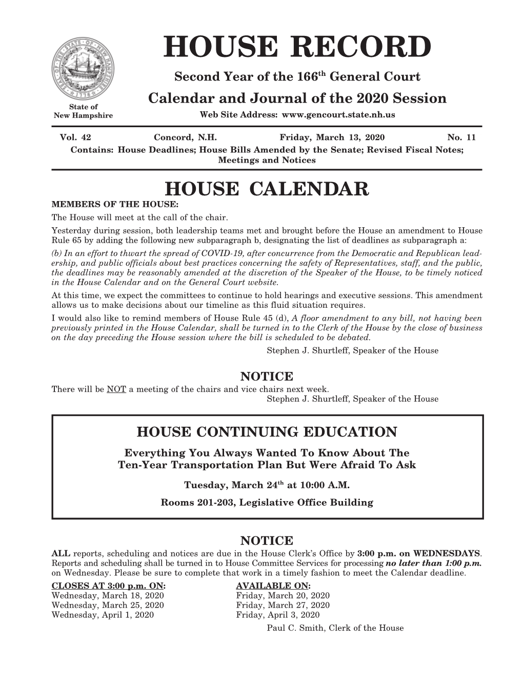 HOUSE RECORD Second Year of the 166Th General Court Calendar and Journal of the 2020 Session State of New Hampshire Web Site Address