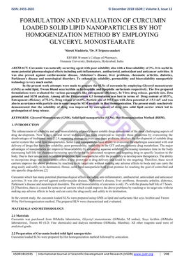 Formulation and Evaluation of Curcumin Loaded Solid Lipid Nanoparticles by Hot Homogenization Method by Employing Glyceryl Monostearate