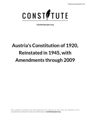 Austria's Constitution of 1920, Reinstated in 1945, with Amendments Through 2009