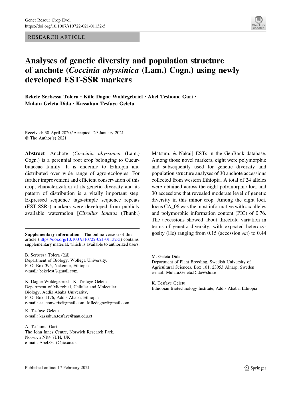 Analyses of Genetic Diversity and Population Structure of Anchote (Coccinia Abyssinica (Lam.) Cogn.) Using Newly Developed EST-SSR Markers