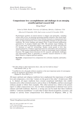 Compassionate Love: Accomplishments and Challenges in an Emerging Scientific/Spiritual Research Field Doug Oman*