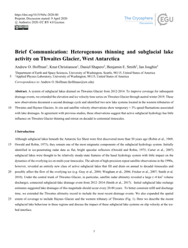 Heterogenous Thinning and Subglacial Lake Activity on Thwaites Glacier, West Antarctica Andrew O