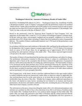 Washington Federal, Inc. Announces Preliminary Results of Tender Offer