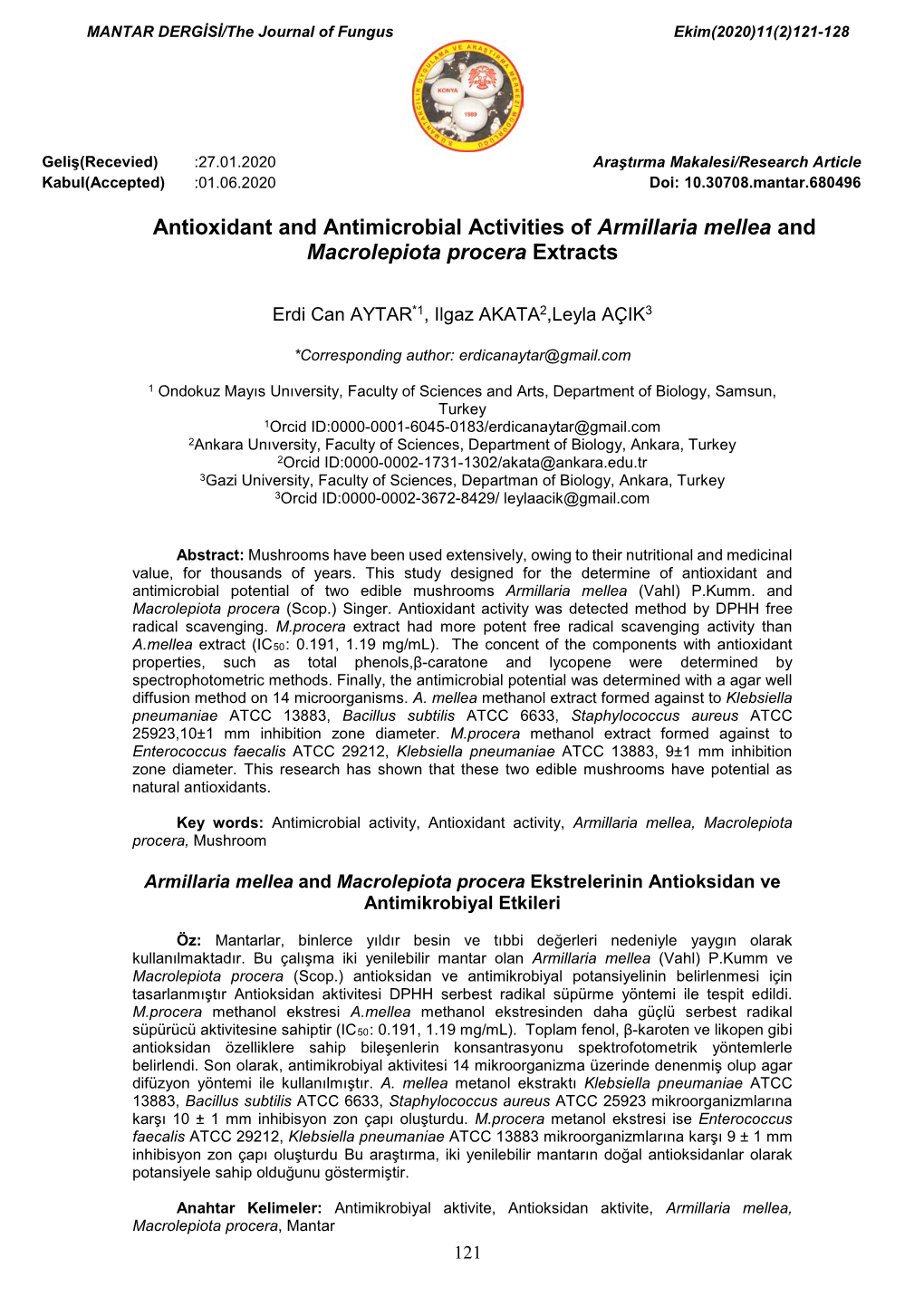 Antioxidant and Antimicrobial Activities of Armillaria Mellea and Macrolepiota Procera Extracts