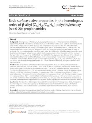 Basic Surface-Active Properties in the Homologous Series of Β-Alkyl (C 12H25/C18H37) Polyethyleneoxy (N = 0-20) Propionamides