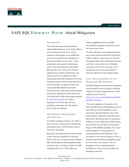 SAFE SQL Slammer Worm Attack Mitigation