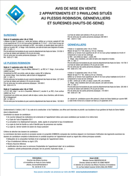 Avis De Mise En Vente 2 Appartements Et 3 Pavillons Situés Au Plessis Robinson, Gennevilliers Et Suresnes (Hauts-De-Seine)