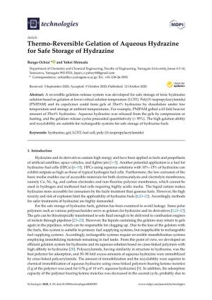 Thermo-Reversible Gelation of Aqueous Hydrazine for Safe Storage of Hydrazine