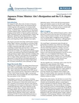 Japanese Prime Minister Abe's Resignation and the U.S.-Japan