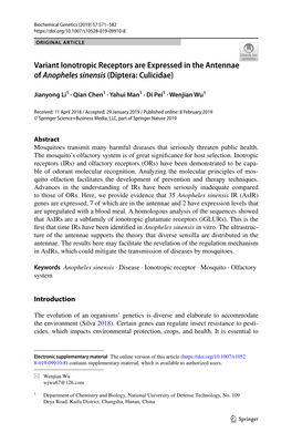 Variant Ionotropic Receptors Are Expressed in the Antennae of Anopheles Sinensis (Diptera: Culicidae)