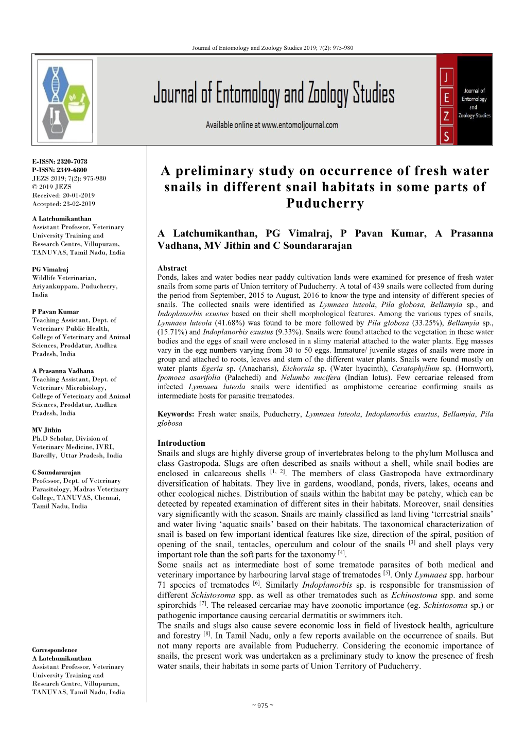 A Preliminary Study on Occurrence of Fresh Water Snails in Different Snail