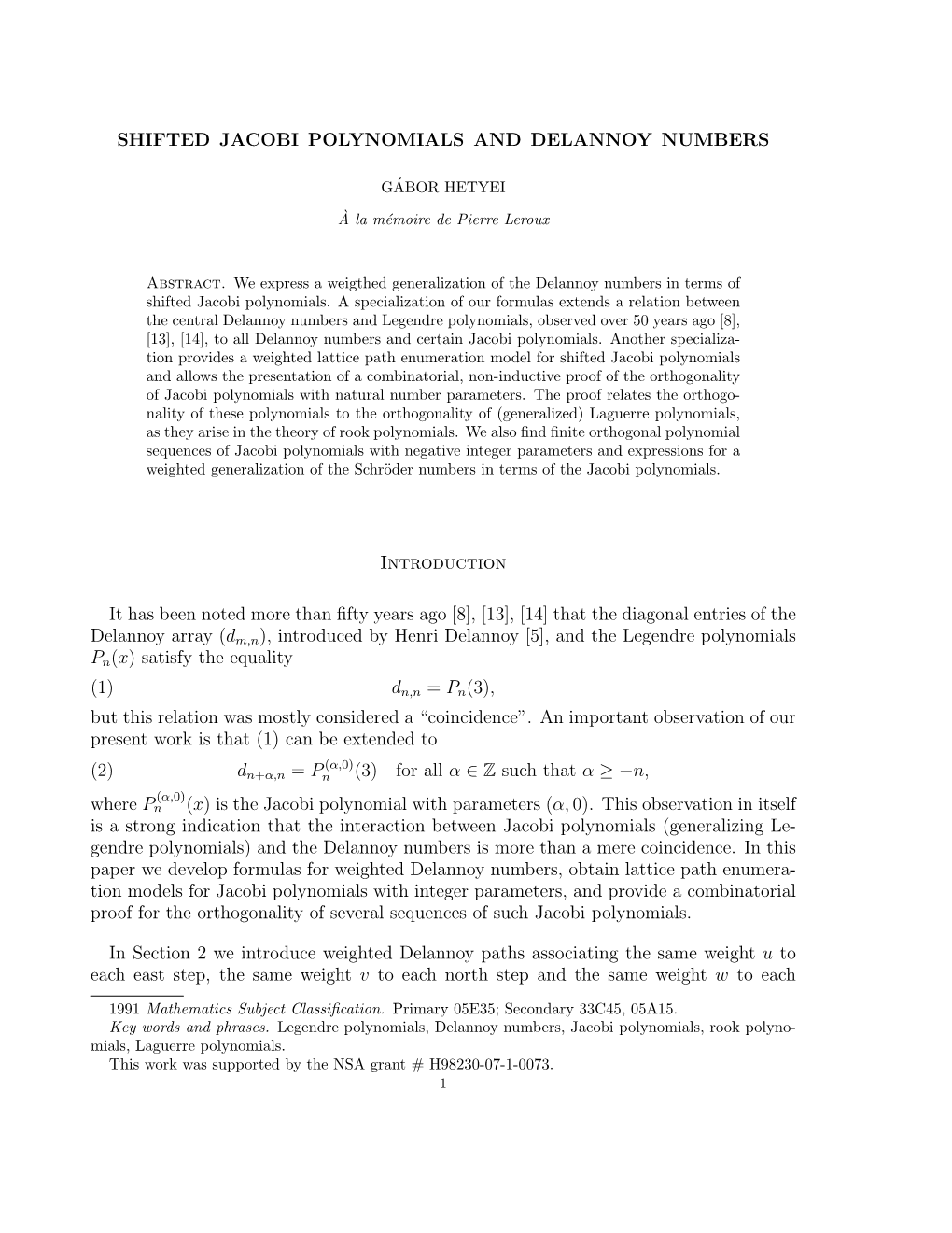 Shifted Jacobi Polynomials and Delannoy Numbers