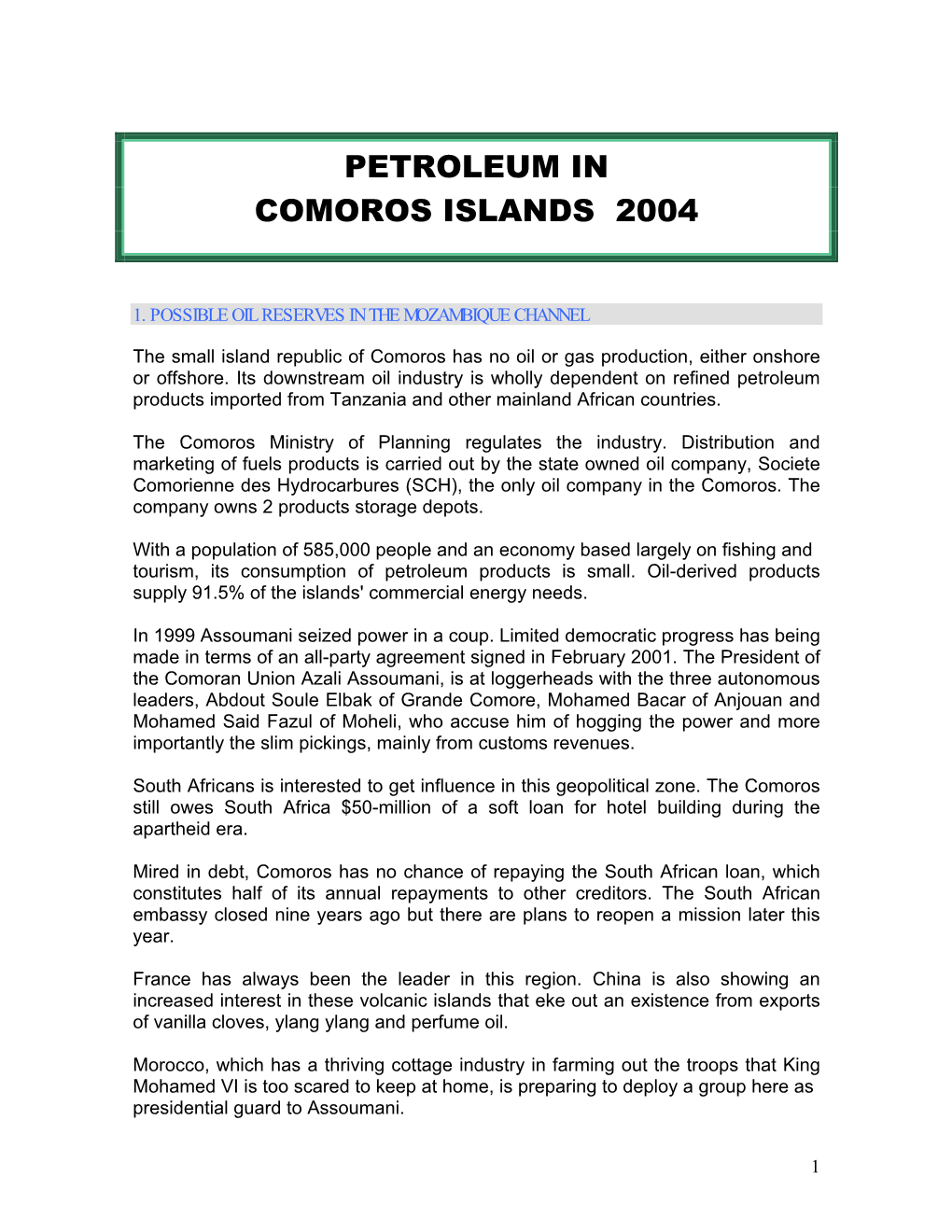 Petroleum in Comoros Islands 2004