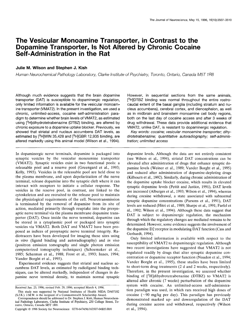 The Vesicular Monoamine Transporter, in Contrast to the Dopamine Transporter, Is Not Altered by Chronic Cocaine Self-Administration in the Rat