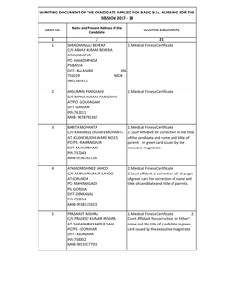 WANTING DOCUMENT of the CANDIDATE APPLIED for BASIC B.Sc. NURSING for the SESSION 2017 - 18