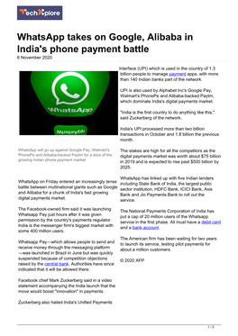 Whatsapp Takes on Google, Alibaba in India's Phone Payment Battle 6 November 2020