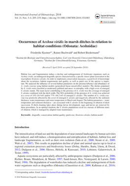 Occurrence of Aeshna Viridis in Marsh Ditches in Relation to Habitat Conditions (Odonata: Aeshnidae)