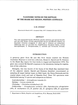 TAXONOMIC NOTE on the REPTILES of the SHARK BAY REGION, WESTERN AUSTRALIA Download 1.58 MB