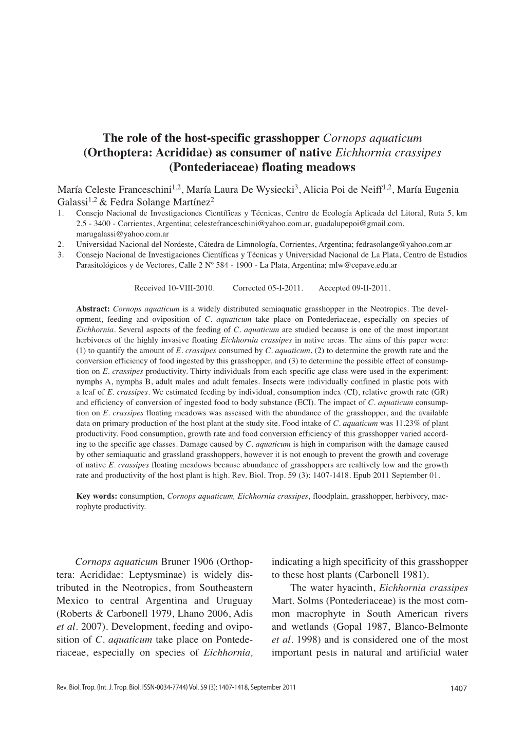 The Role of the Host-Specific Grasshopper Cornops Aquaticum (Orthoptera: Acrididae) As Consumer of Native Eichhornia Crassipes (Pontederiaceae) Floating Meadows