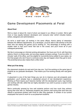 Game Development Placements at Feral